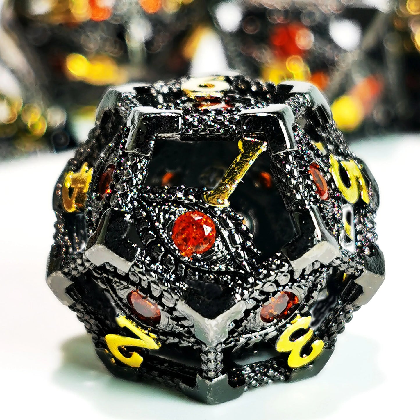 DnD Metal Dice Set - Hollow Dragon Eye Zinc Alloy 7pc Dice with Red Core for D&D RPG Games