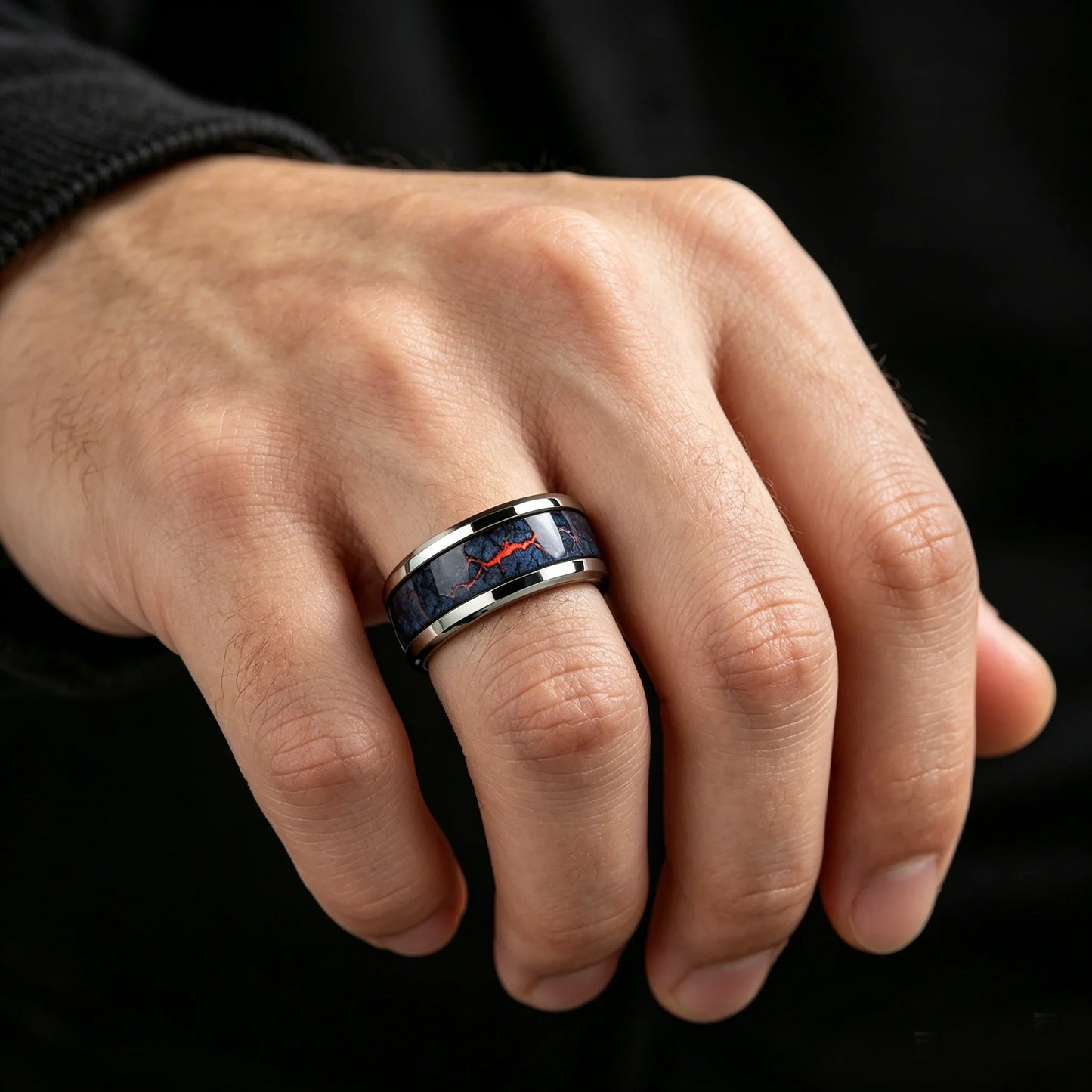 Fashion Men's Stainless Steel Rings Unique Flame Pattern Inlay Ring For Men Wedding Party Jewelry, Gift for Him Non-Fade