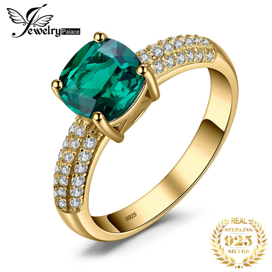 JewelryPalace Cushion Cut Simulated Green Emerald 925 Sterling Silver Classic Ring for Woman Yellow Gold Plated Engagement Ring
