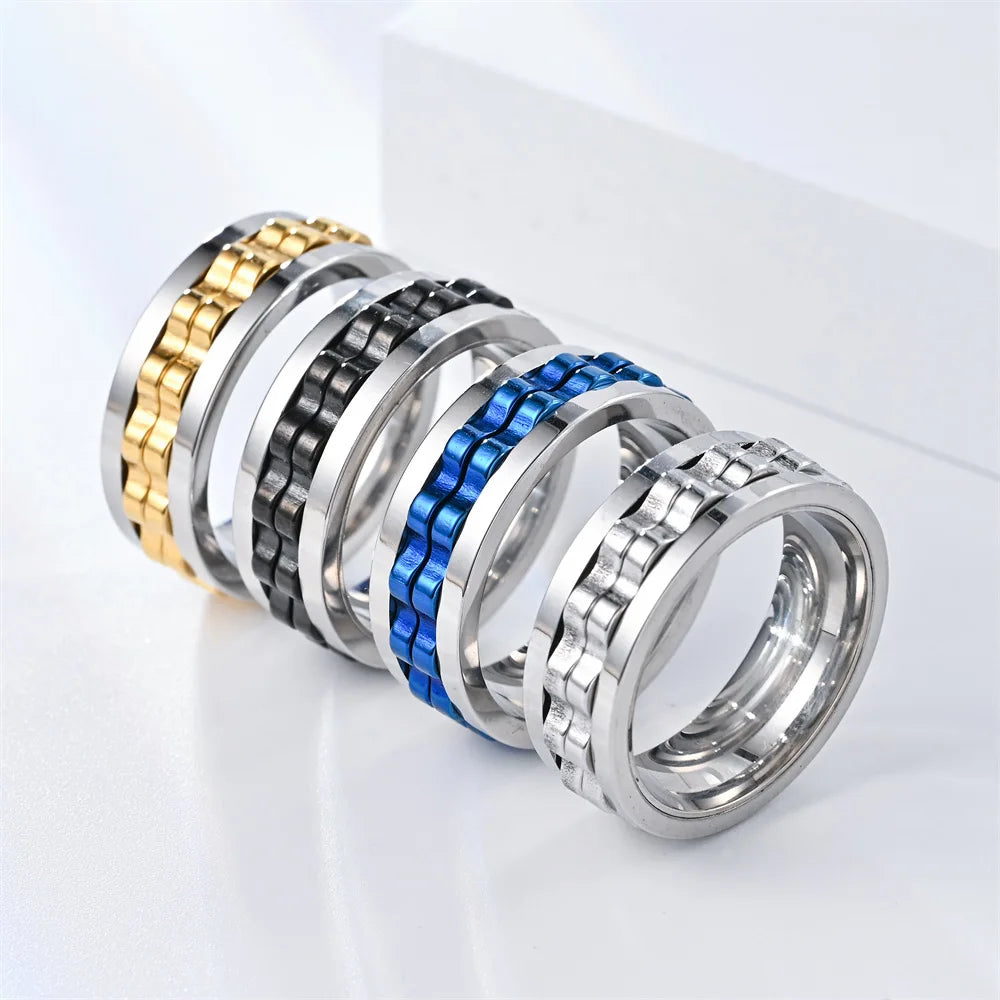 Stainless Steel Ring For Men Gear Chain Rotating Spinning Fidget Rings Punk Jewelry Size 6-13