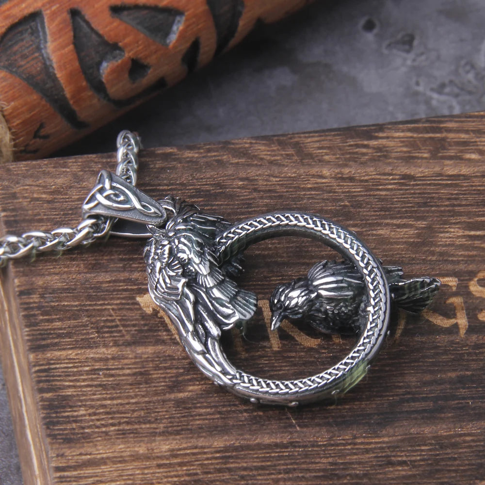 Nordic mythology Odin Huginn and Muninn pendant necklace viking Raven necklace stainless steel never fade with wooden box
