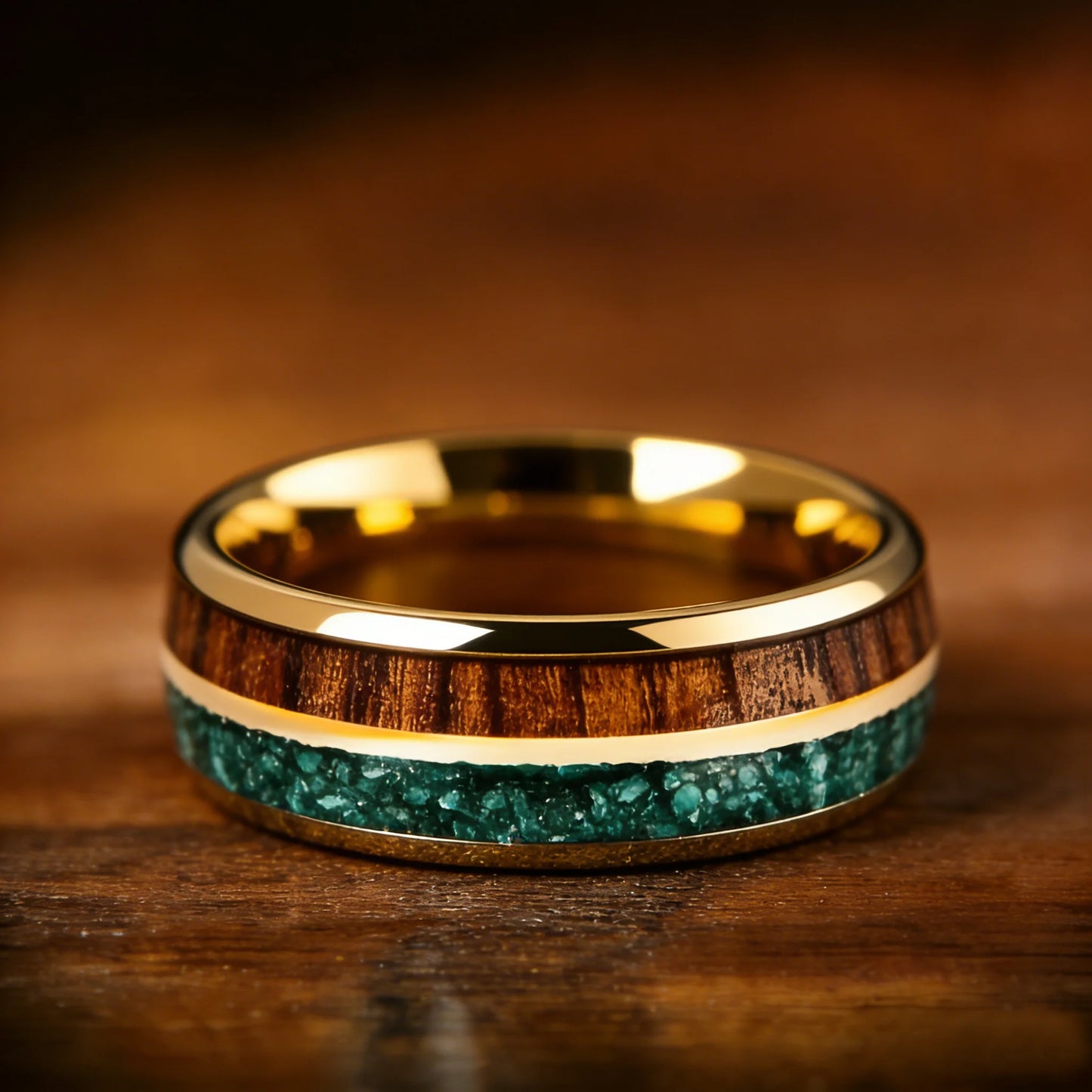 With Malachite and Koa Wood Inlay Fashion 8mm Golden Men Stainless Steel Rings for Men Wedding Band Jewelry Gift Drop Shipping