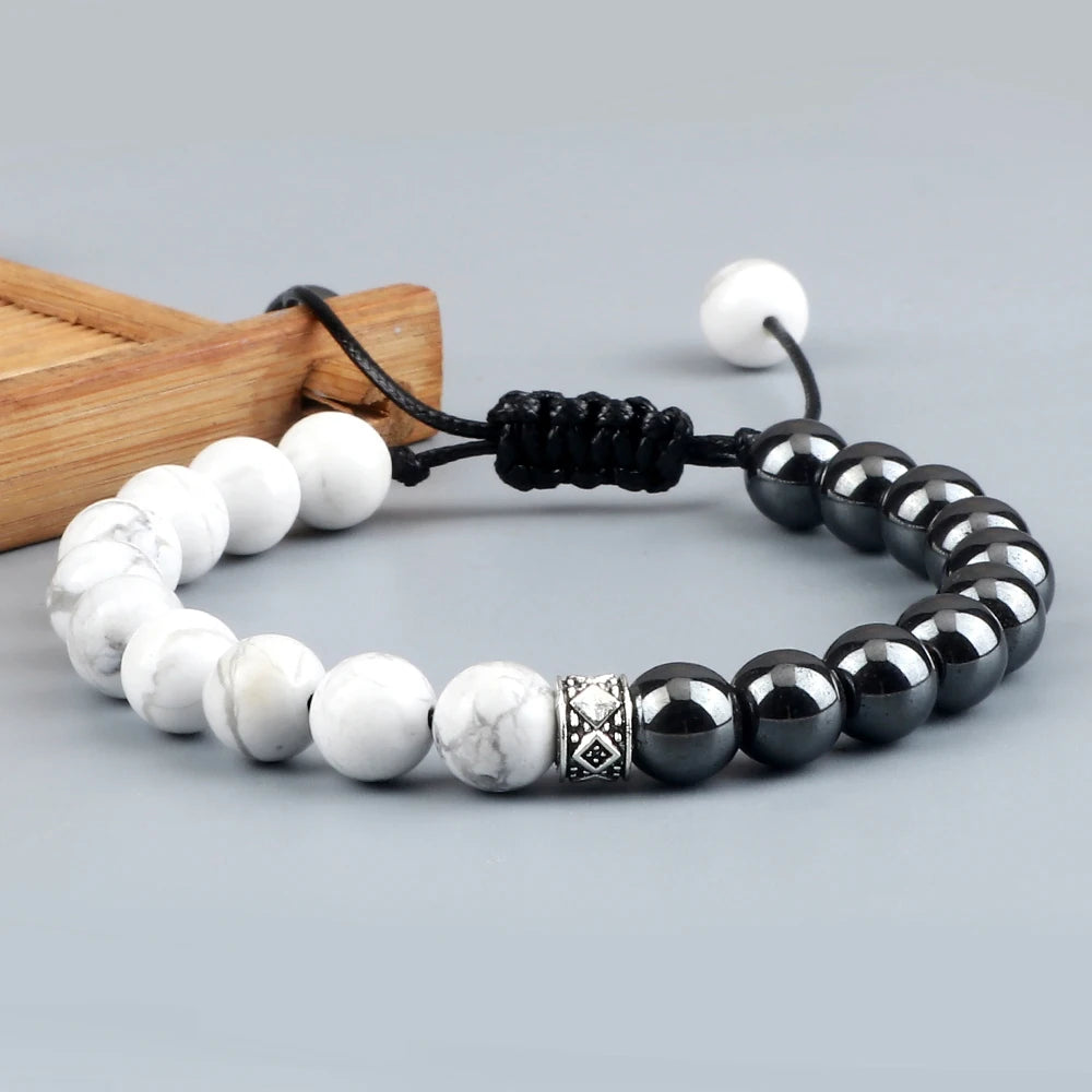 Fashion Black White Beaded Bracelets For Men 8mm Natural White Howlite Stone Beads Bracelet Women Meditation Prayer Jewelry Gift