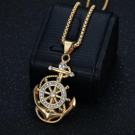 Fashion Hiphop Jewelry Charms Stainless Steel Boat Anchor Crystal Pendants Gold Necklace For Men Gift
