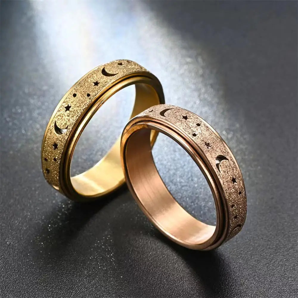 Frosted Stainless Steel Moon And Star Fidget Rings For Women Men Anti Stress And Anxiety Rotating Ring Metal Spinner Ring