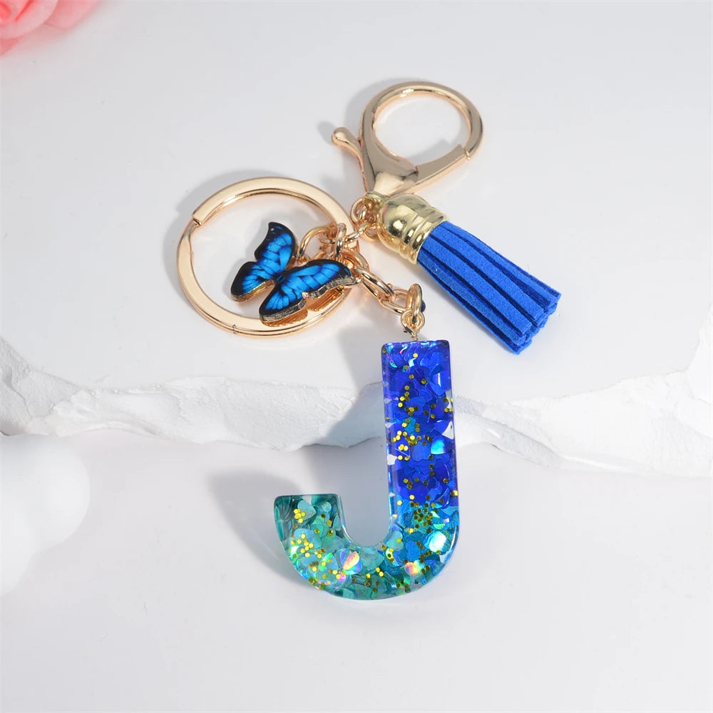 Sea Blue A To Z 26 Letter Keychain Women Wallet Charms 26 Initials Alphabet Butterfly Tassel Pendant With Key Rings Jewelry Gift J 55mm