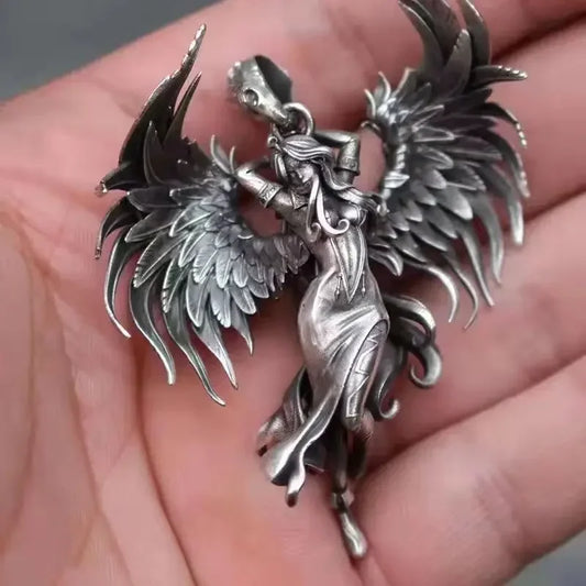 Retro Punk Style Metal Evil Angel Wings Goddess Pendant Necklace Men Women Lucky Amulet Jewelry