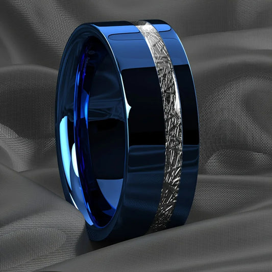 Fashion 8mm Blue Stainless Steel Ring For Men Vintage Silver Color Meteorites Inlaid Promise Ring Men Wedding Band Jewelry Gifts