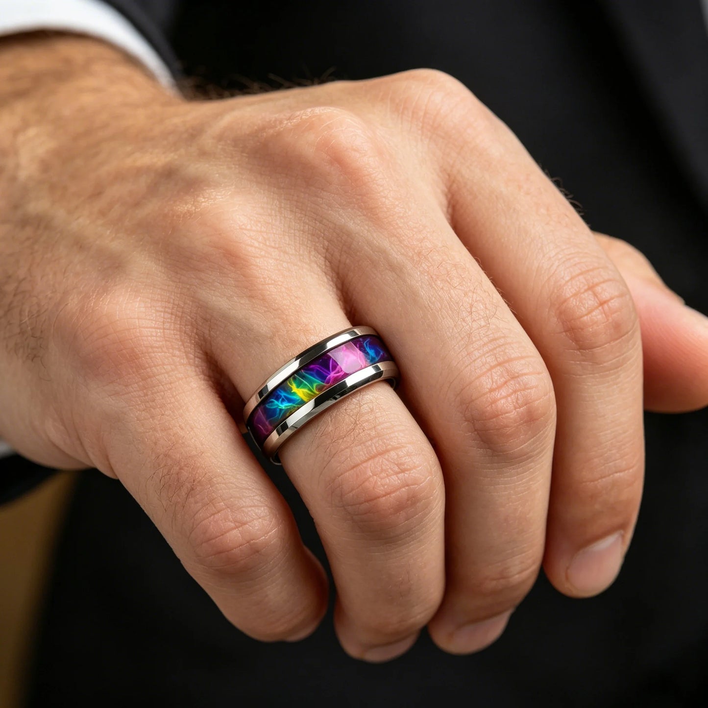 Men Stainless Steel Rings, 8mm Galaxy Style Rainbow Gradient Nebula Inlay Polished Beveled Edge Rings for Men Wedding Bands