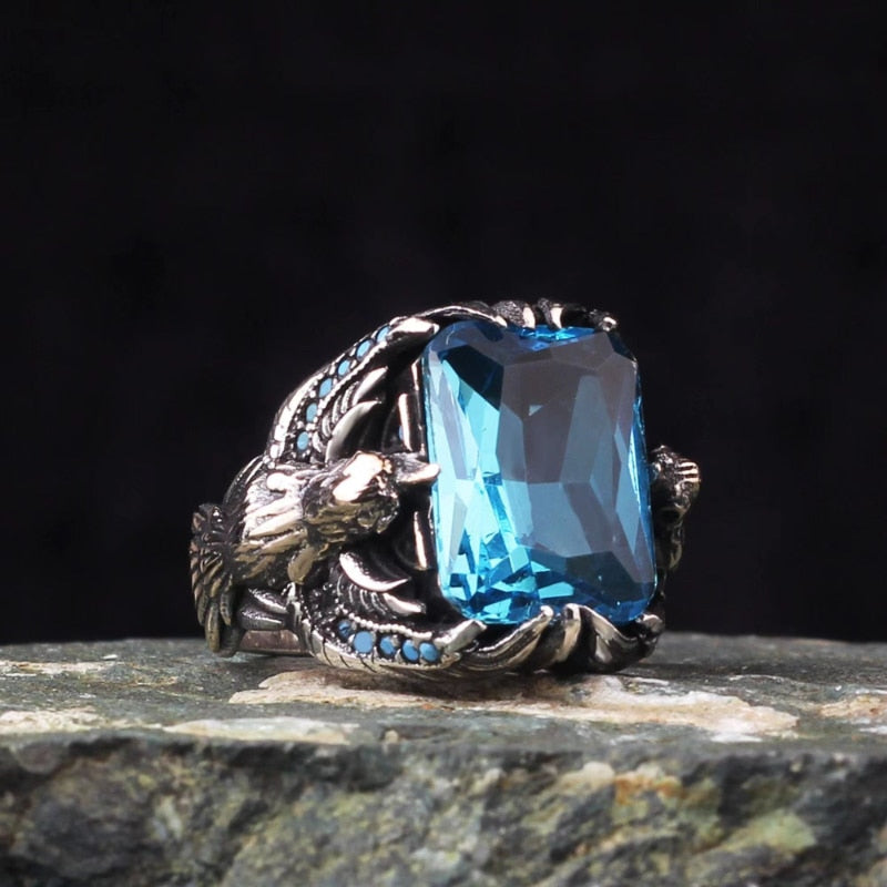 New European and American Men's Domineering Retro Eagle Spreading Wings Men's Punk Ring AJZ30091blue
