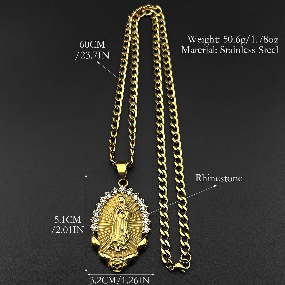 Catholic Virgin Mary Rhinestones Pendant Necklace for Women Men Stainless Steel Gold Color Our Lady of Guadalupe Chain Jewelry