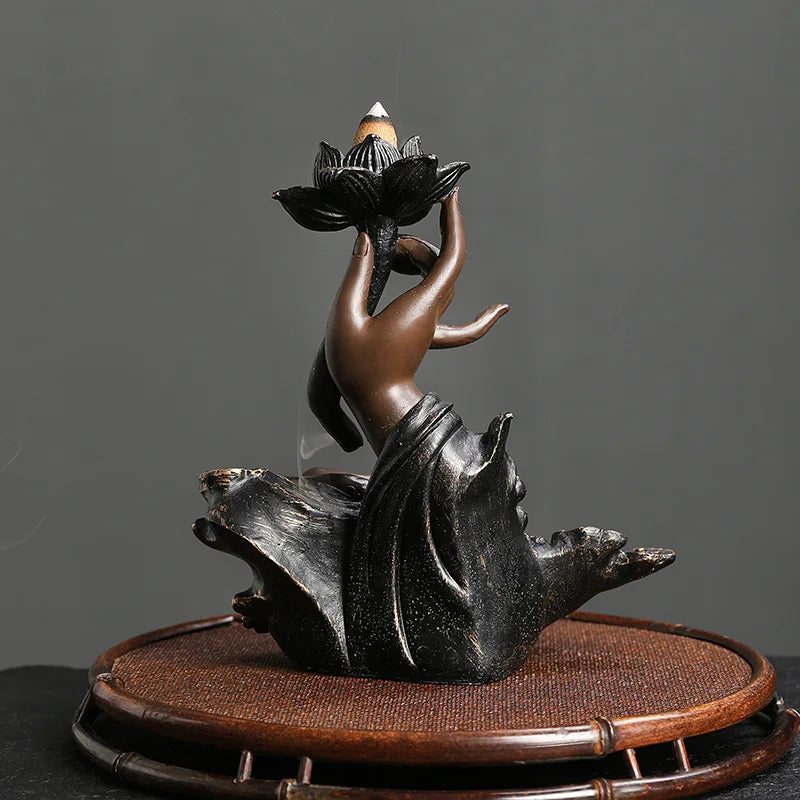 Backflow Incense Burner, Handmade Resin Lotus Buddha Hand Waterfall Incense Burner for Home Relaxation Lucky Feng Shui Decor