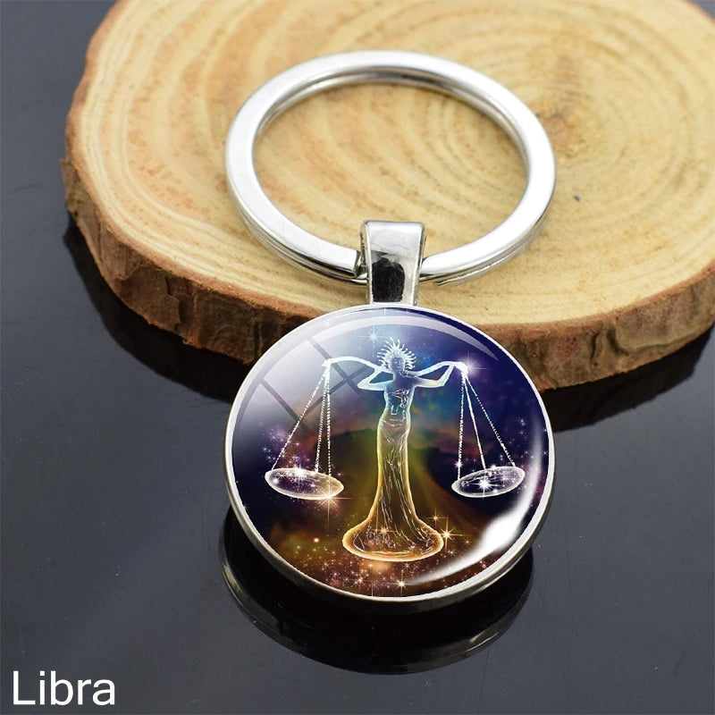 12 Zodiac Sign Keychain Sphere Ball Crystal Key Rings Scorpio Leo Aries Constellation Birthday Gift for Women and Mens Libra