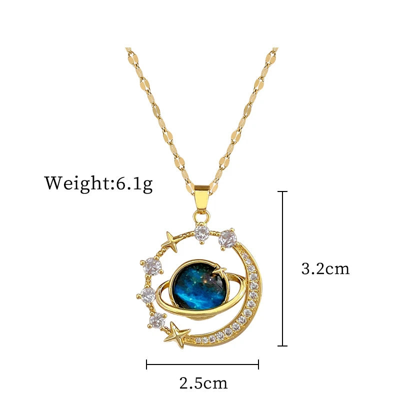 Stainless Steel Zircon Planet Star Pendant Necklace For Women Girl Elegant Aesthetic Clavicle Chain Necklace Jewelry Party Gift