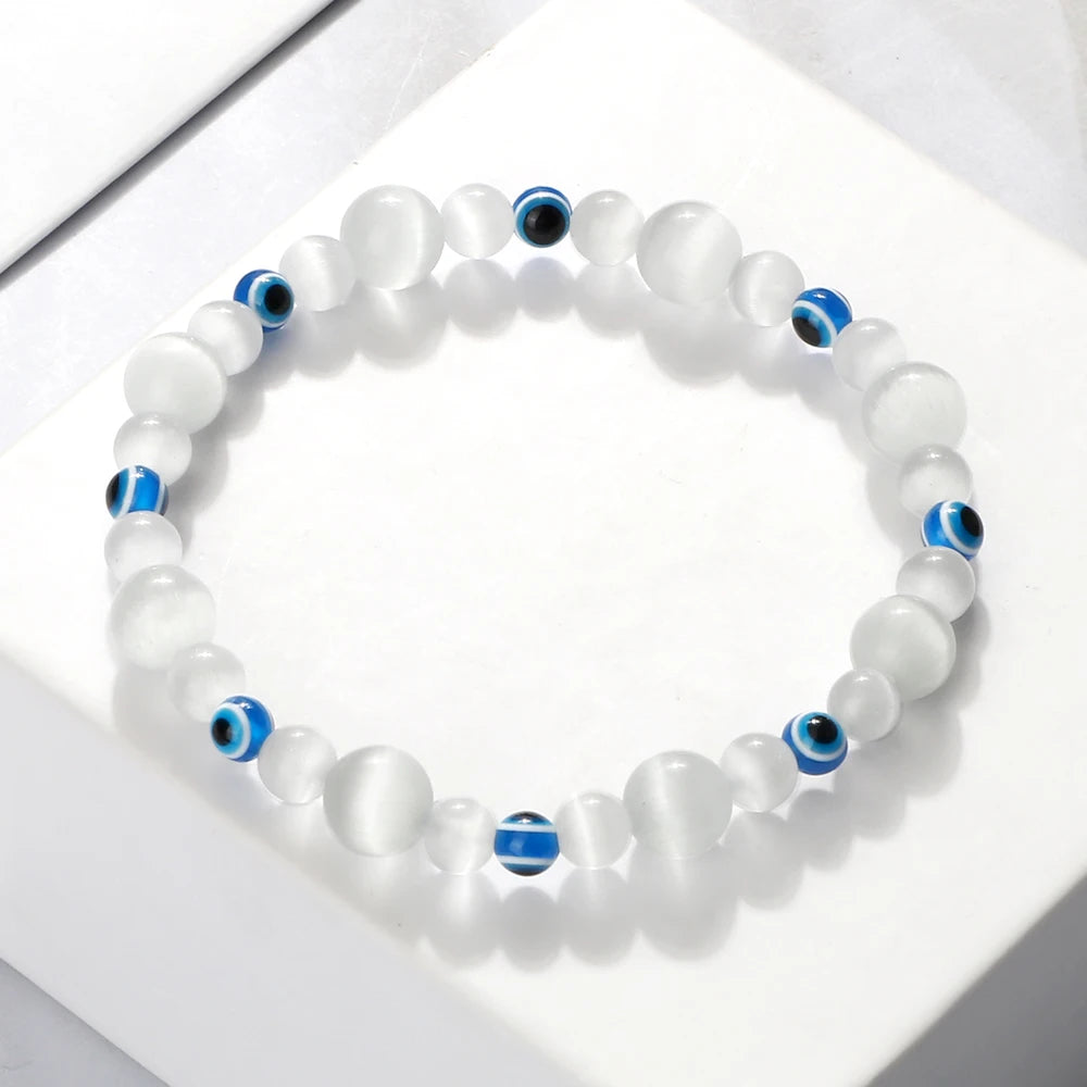 Blue Evil Eye Beaded Bracelets Natural Cat Eye Stone 6 8mm Opal Men Bangles Adjustable Women Bracelet Lucky Yoga Jewelry Gifts