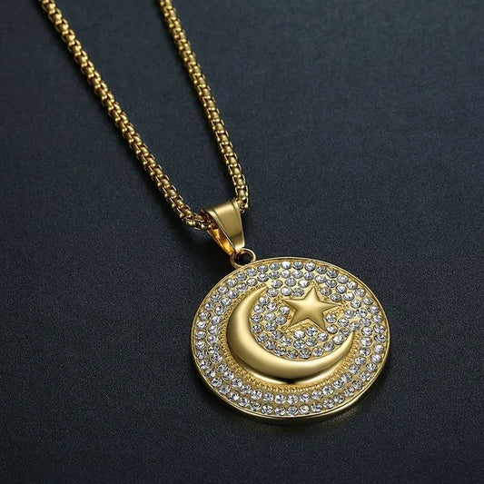 Simple Fine Hip Hop Jewelry Stainless Steel Flag of Turkey Round Moon Stars Gold Pendant Men Necklace
