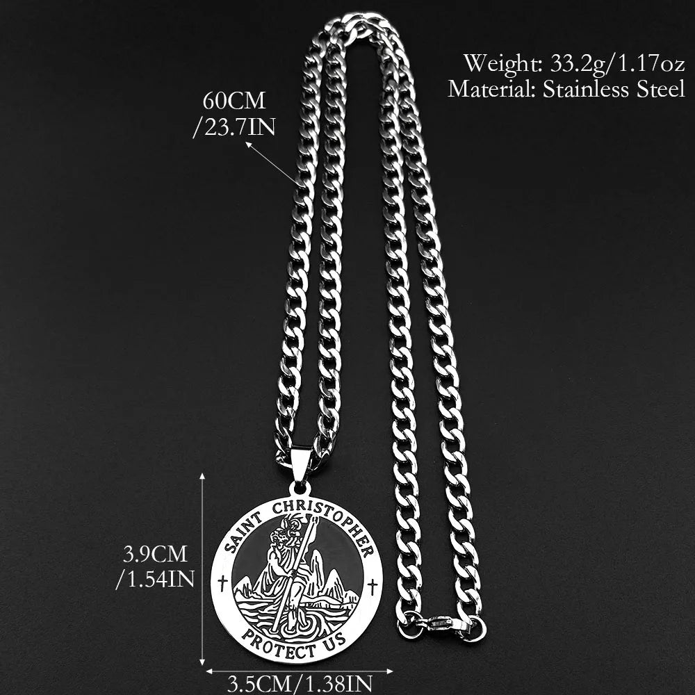 Saint Christopher Protect Us Enamel Medal Pendant Necklace for Women Men Stainless Steel Christian Chain Amulet Jewelry Gift