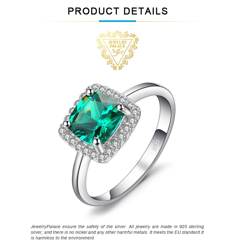 JewelryPalace Green Simulated Nano Emerald  925 Sterling Silver Rings for Women Halo Engagement Ring Statement Gemstones Jewelry