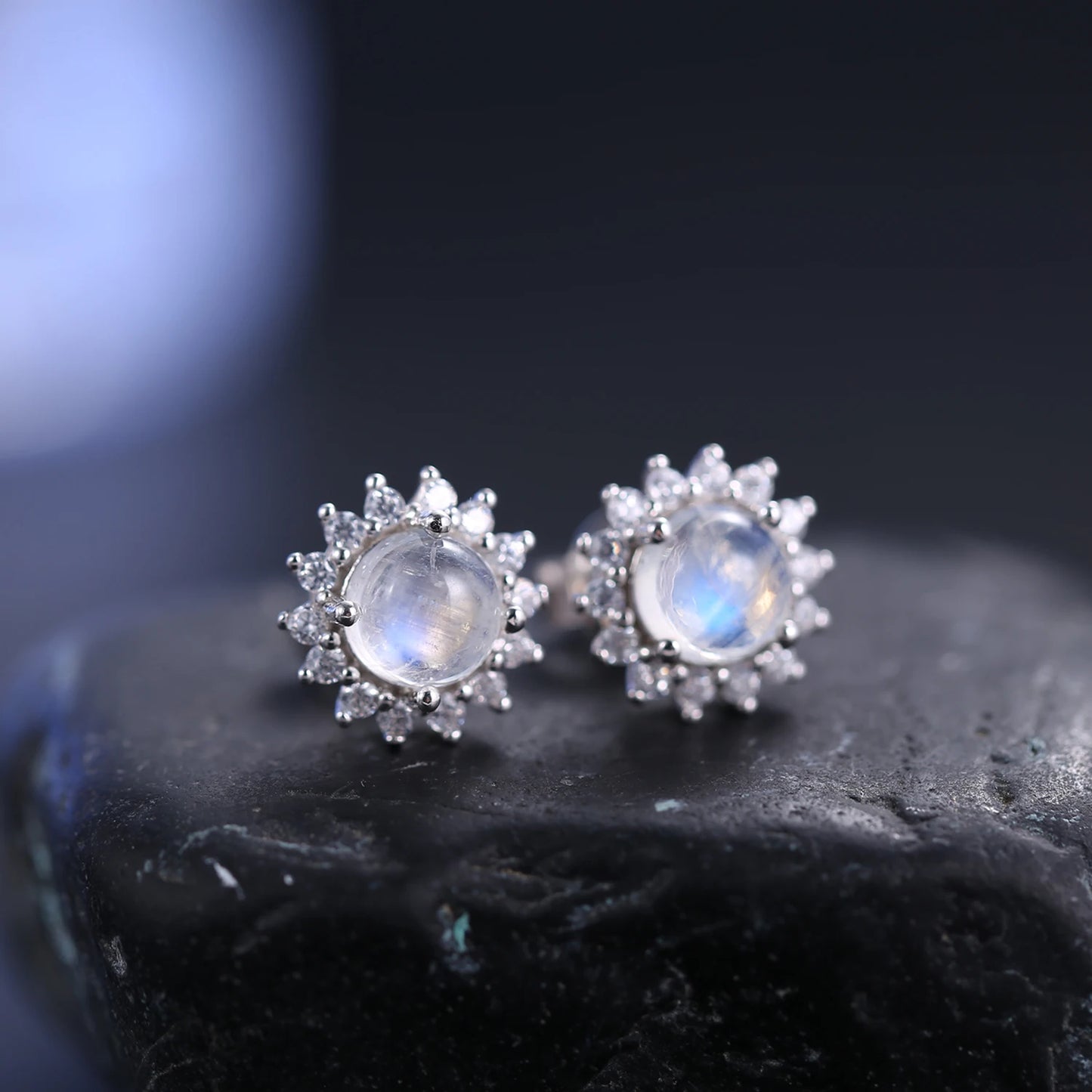 GEM'S BALLET 5mm Natural Rainbow Moonstone Halo Studs Earrings in 925 Sterling Silver June Birthstone Earrings Gift For Her