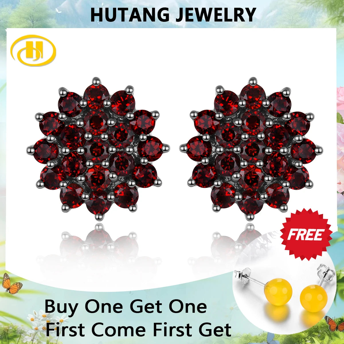 Natural Red Garnet S925 Silver Stud Earrings Women 3.5 Carats Genuine Garnet Original Design Anniversary Engagement Gifts Default Title