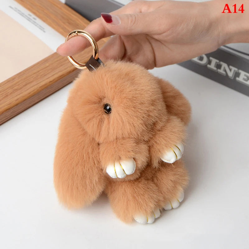 Rabbit Keychain Ring Fluffy Real Fur Pompon Bunny Trinket Key Chain Charm Cute Key Ring On Bag Car Key Pendant Khaki