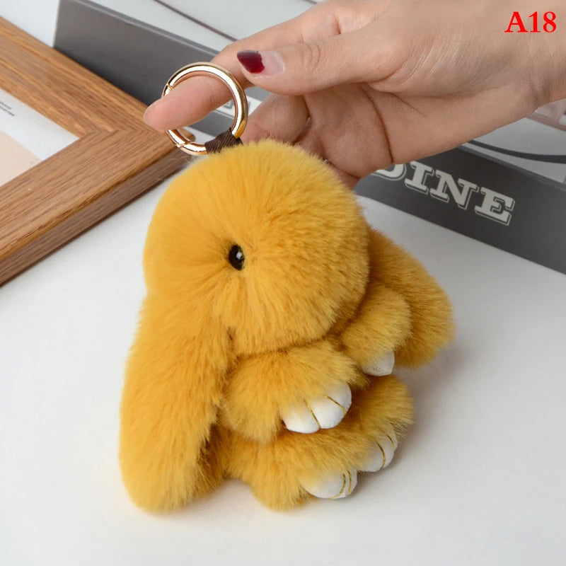 Rabbit Keychain Ring Fluffy Real Fur Pompon Bunny Trinket Key Chain Charm Cute Key Ring On Bag Car Key Pendant Dark yellow