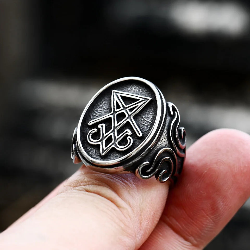 BEIER 2022 - Anillo con sello vintage de Lucifer y Satanás, diseño actualizado, estilo gótico, amuleto, brujería, wicca, joyería al por mayor