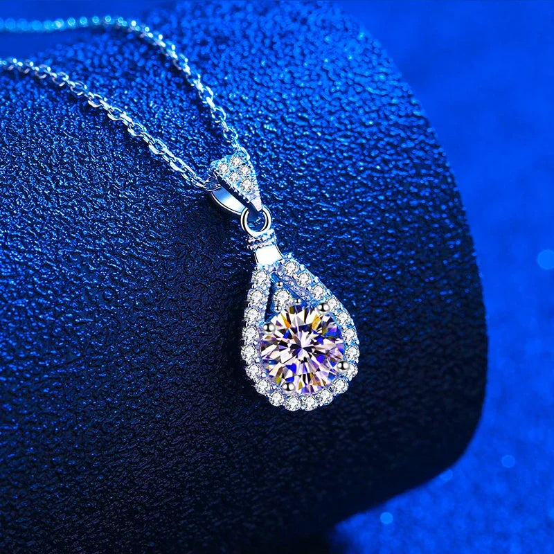 2CT Moissanite Halo Pendant Necklaces for Women Sterling Silver Accents Excellent Cut Lab Diamond Teardrop Necklace Fine Jewelry