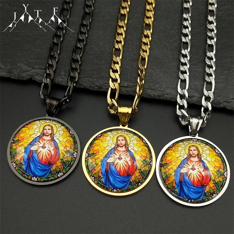 Sacred Heart of Jesus Medal Round Pendant Necklace for Women Men Stainless Steel Christian Talisman Protection Religious Jewelry