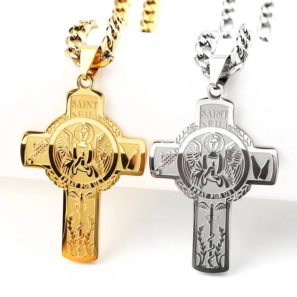 Christian Saint Raphael Pray for Us Cross Pendant Necklace for Women Men Stainless Steel Gold Color Hip Hop Cuban Chain Jewelry