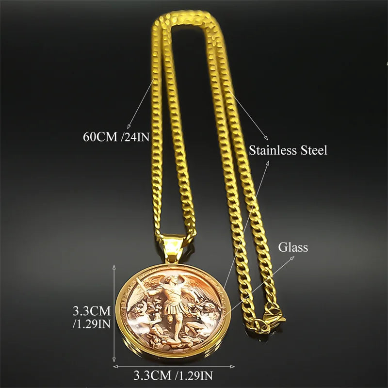 SAINT MICHAEL PROTECT US Archangel Stainless Steel Glass Medal Necklaces Chain Men Women Gold Color Necklace Amulet Jewelry