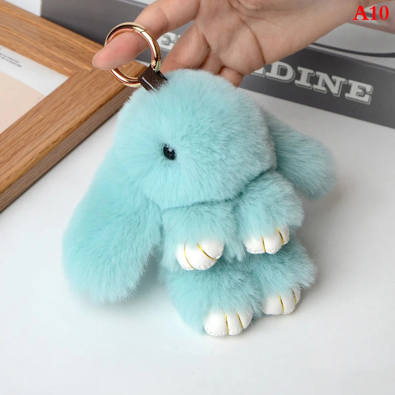 Rabbit Keychain Ring Fluffy Real Fur Pompon Bunny Trinket Key Chain Charm Cute Key Ring On Bag Car Key Pendant Lake blue