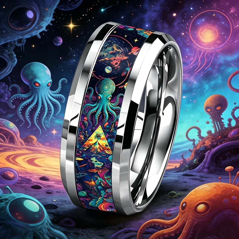 Cute Ocean-Themed 8mm Men Stainless Steel Ring with Dreamy Sea Jellyfish Pattern Inlay Rings for Teenager Wedding Party Jewelry