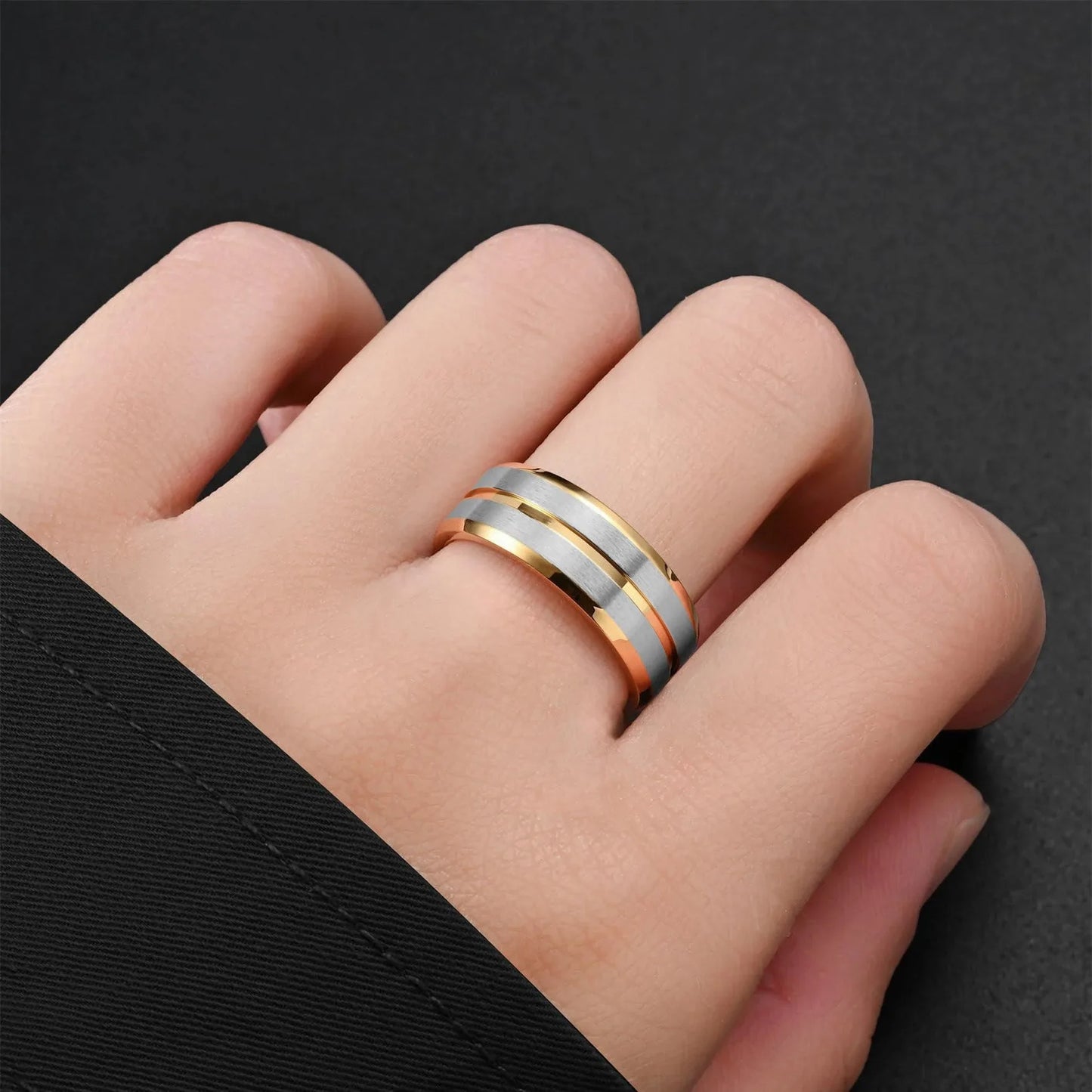 Fashion Gold Color Stainless Steel Rings For Men Silver Color Brushed Beveled Edge Engagement Rings Men Wedding Band Jewelry