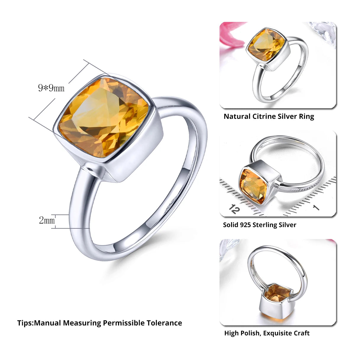 Natural Citrine Solid Silver Rings 1.9 Carats Genuine Gemstone Classic Romantic Style Women New Year Gift