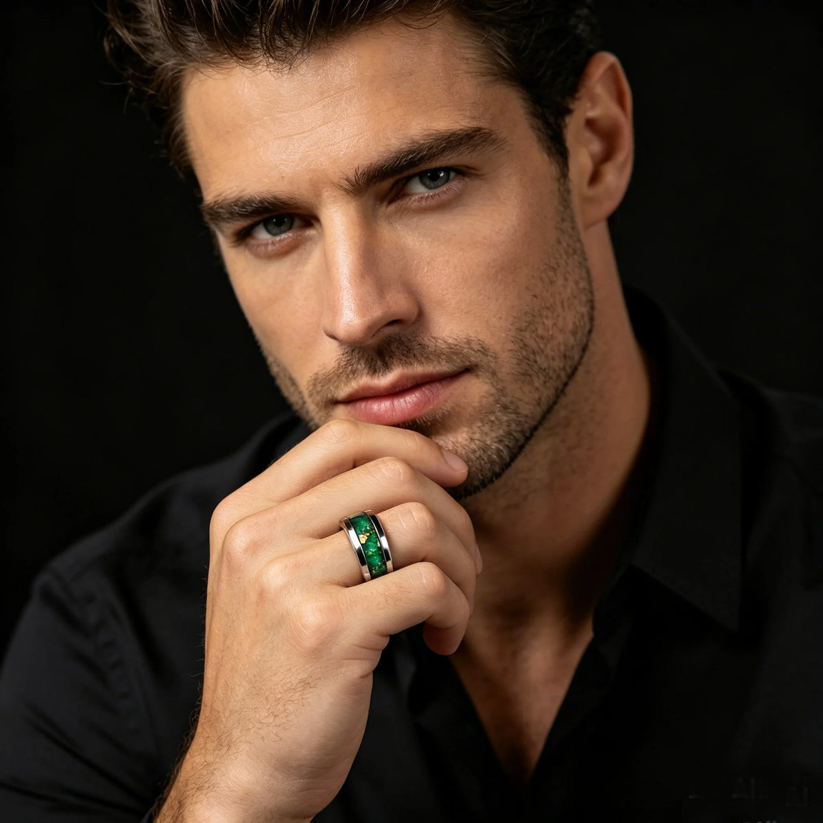 With Dark Green Synthetic White Stone Rings, 8mm Cosmic Starry Sky Stainless Steel Men Ring, Wedding Band Jewelry Drop Ship