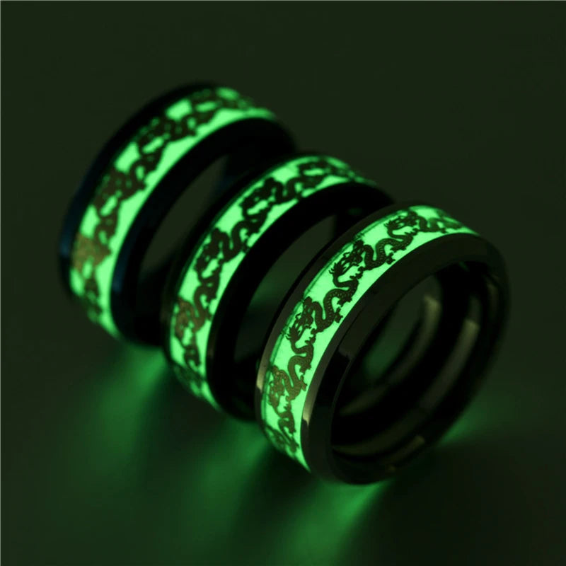 Cool Stainless Steel Luminous Dragon Rings for Men Women Dragon Totemn Glowing In Dark Couple Ring Wedding Bands Jewelry Gift