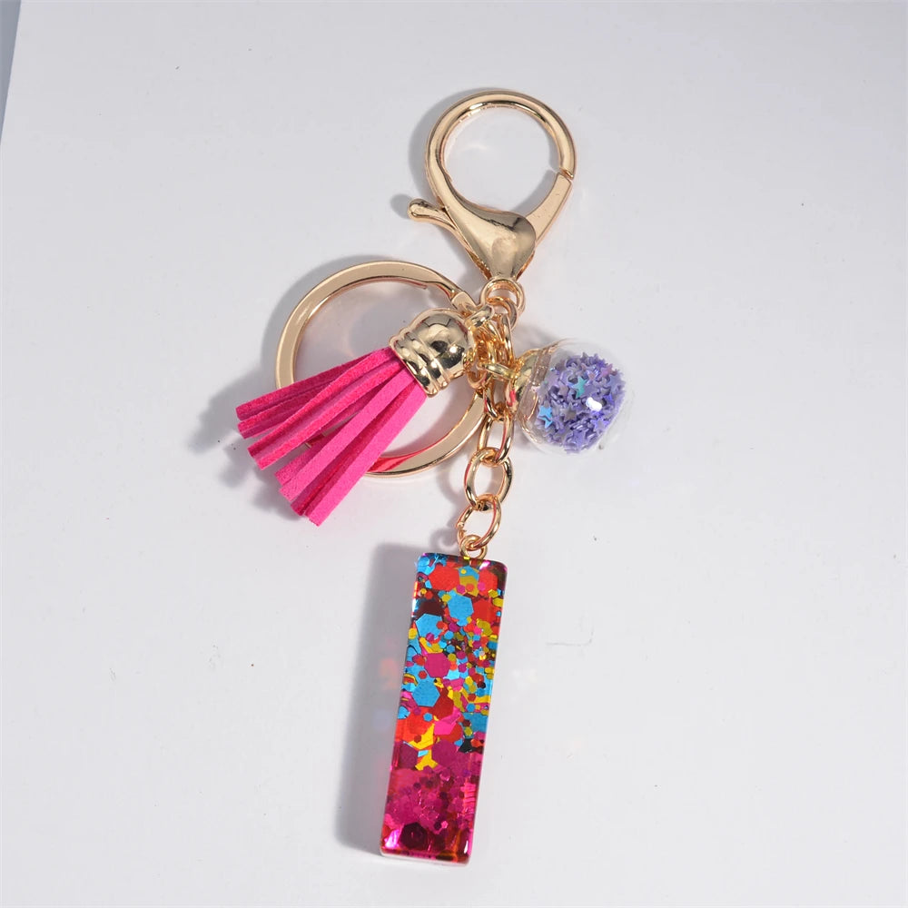 Colorful Letter Keychain Pendant Glitter Sequin Resin Key Chain Tassel Charms With Ball Keyring Jewelry For Women Bag Ornaments I