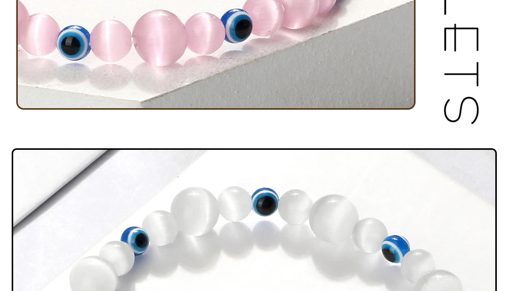 Blue Evil Eye Beaded Bracelets Natural Cat Eye Stone 6 8mm Opal Men Bangles Adjustable Women Bracelet Lucky Yoga Jewelry Gifts