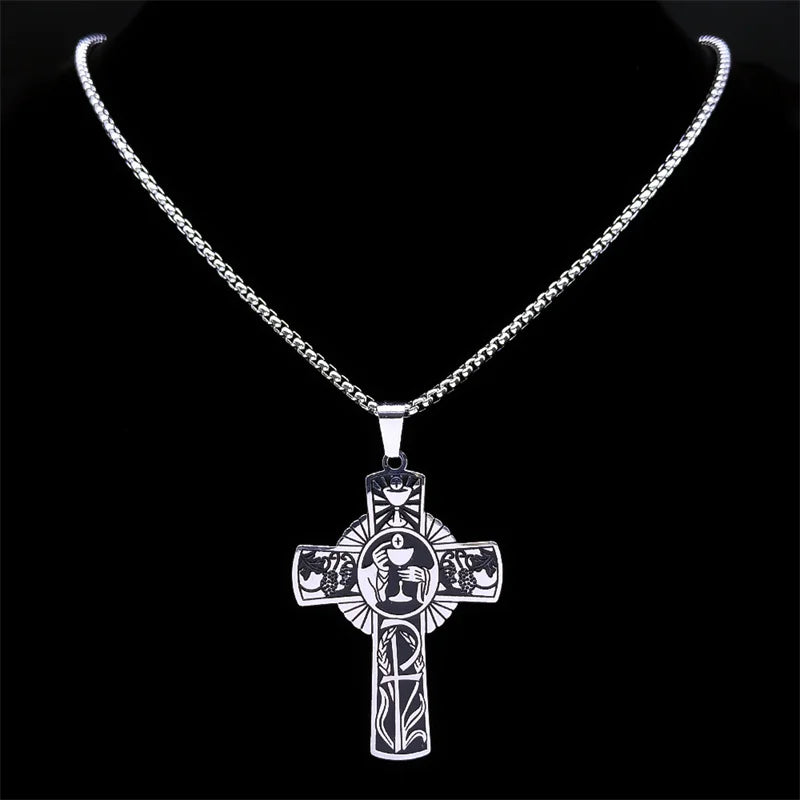 Christian Christ Eucharist Halo Grape Juice Cross Necklace Stainless Steel Men Women Catholic Holy Spirit Church Chain Jewelry
