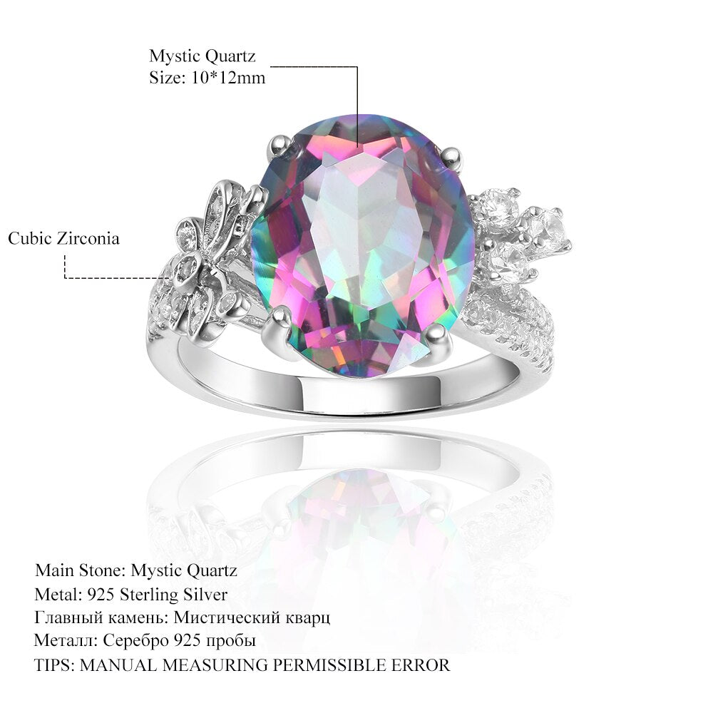 GEM&#39;S BALLET 4.36Ct 10x12mm Rainbow Mystic Topaz Gemstone Antique Art Rings in Sterling Silver with Laurel Leaves Gift For Her