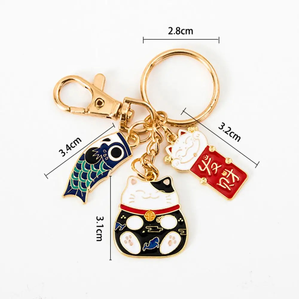 Japanese Style Maneki Neko Keychain Carp Streamer Key Chain For Women Metal Lucky Key Chains Car Bag Pendent