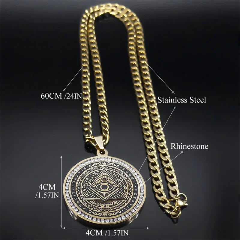Eye of Providence Illuminati Pyramid Hip Hop Crystal Big Necklace Men's Chain Stainless Steel Gold Color Accessories man NZZZ488