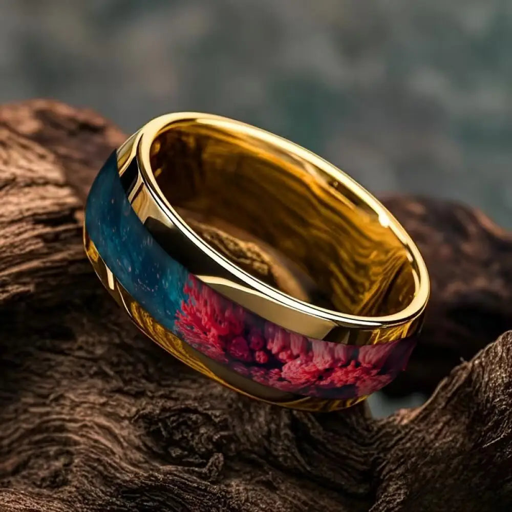 Fashion 8MM Gold Color Stainless Steel Rings For Men Domed Red and Blue Stone Inlay Rings Wedding Engagement Jewelry Gift