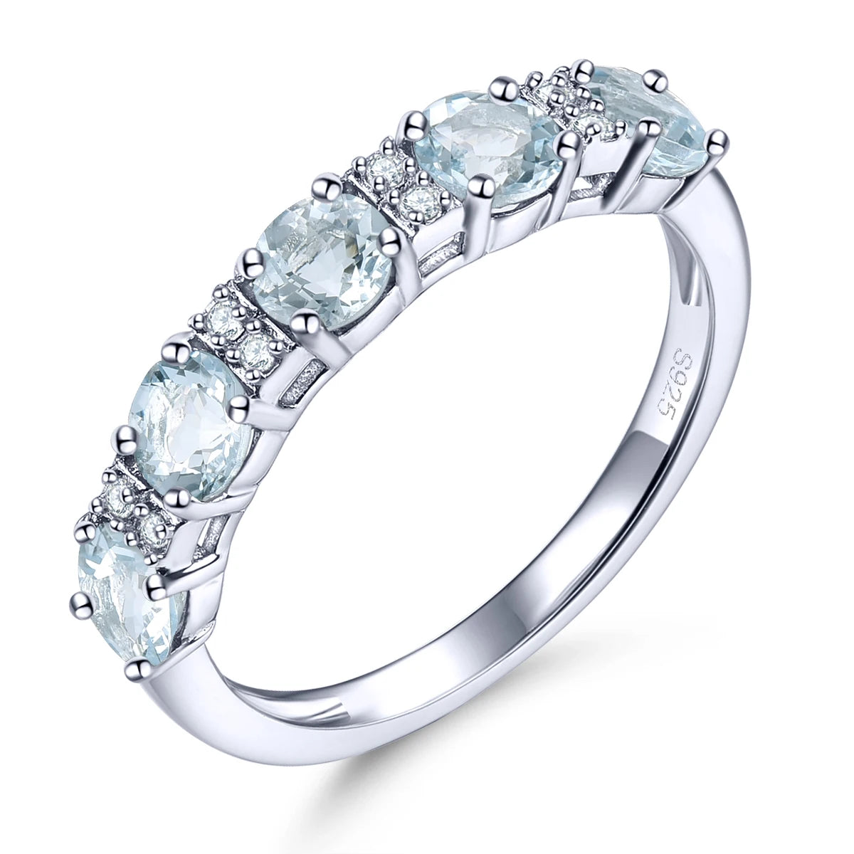 Natural Aquamarine Solid Sterling Silver Rings 1.2 Carats Genuine Birthstone Light Blue S925 Fine Jewelry Style Christmas Gifts Natural Aquamarine