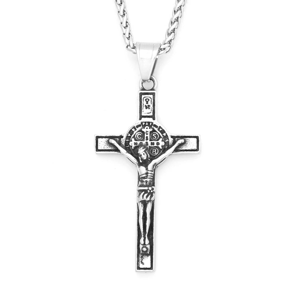 Vintage 316L Stainless Steel Crucifix With Saint Benedict Medal Pendant Necklace For Men Women Catholic Amulet Jewelry Wholesale