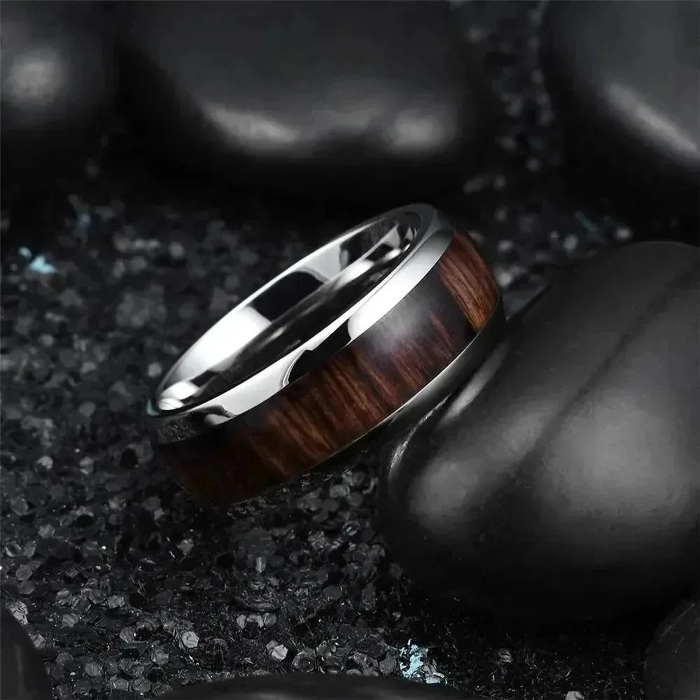 Wholesale Silver Color Brushed Fashion 8mm Men Stainless Steel Rings Deer Antler And Koa Wood Rings for Men Wedding Band Jewelry