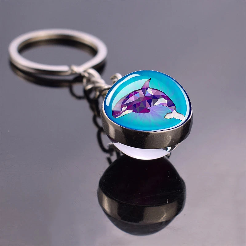 Blue Sea Keychain Marine Organisms Cute Key Chain Double Sided Glass Ball Pendant Dolphins Turtles Starfish Keyring Jewelry Gift As show 15