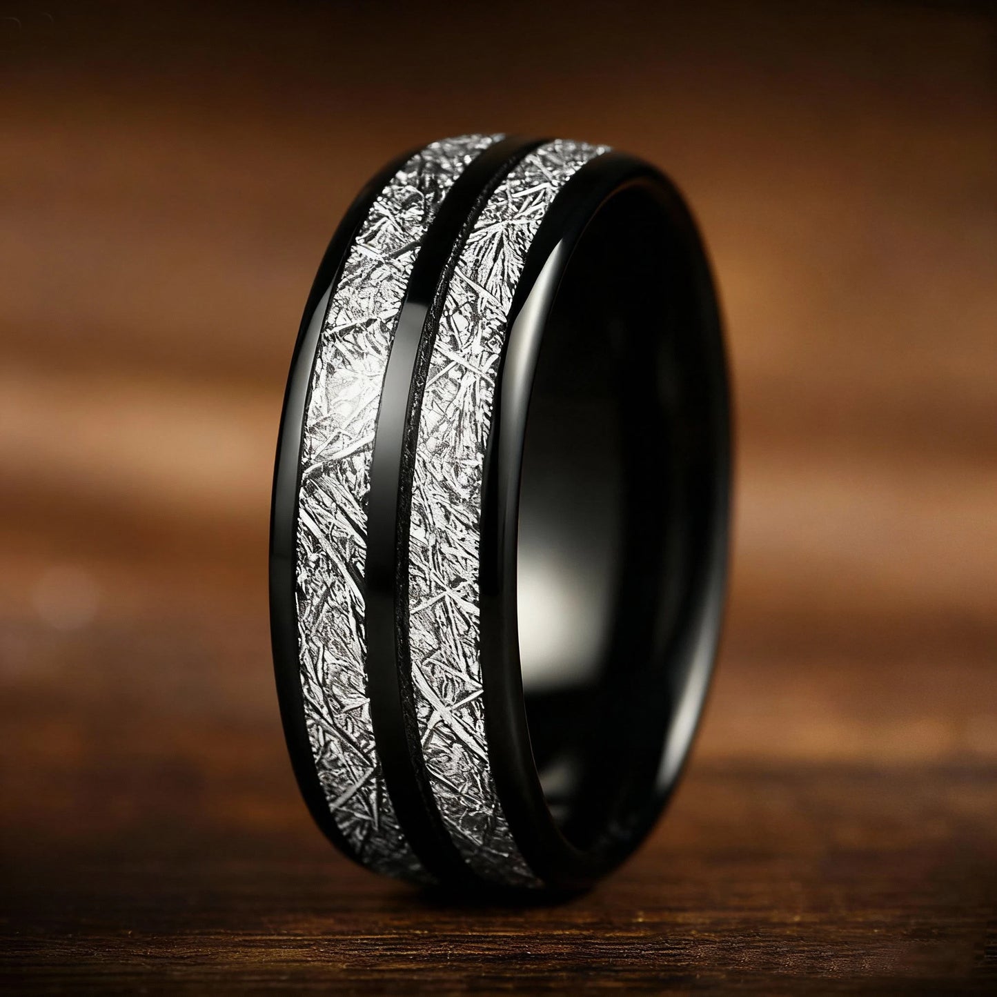 Fashion 8mm Black Color Stainless Steel Rings for Men Double Groove Meteorite Inlay Dome Men Finger Ring Wedding Band Jewelry
