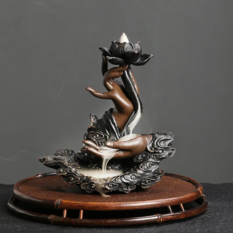 Backflow Incense Burner, Handmade Resin Lotus Buddha Hand Waterfall Incense Burner for Home Relaxation Lucky Feng Shui Decor